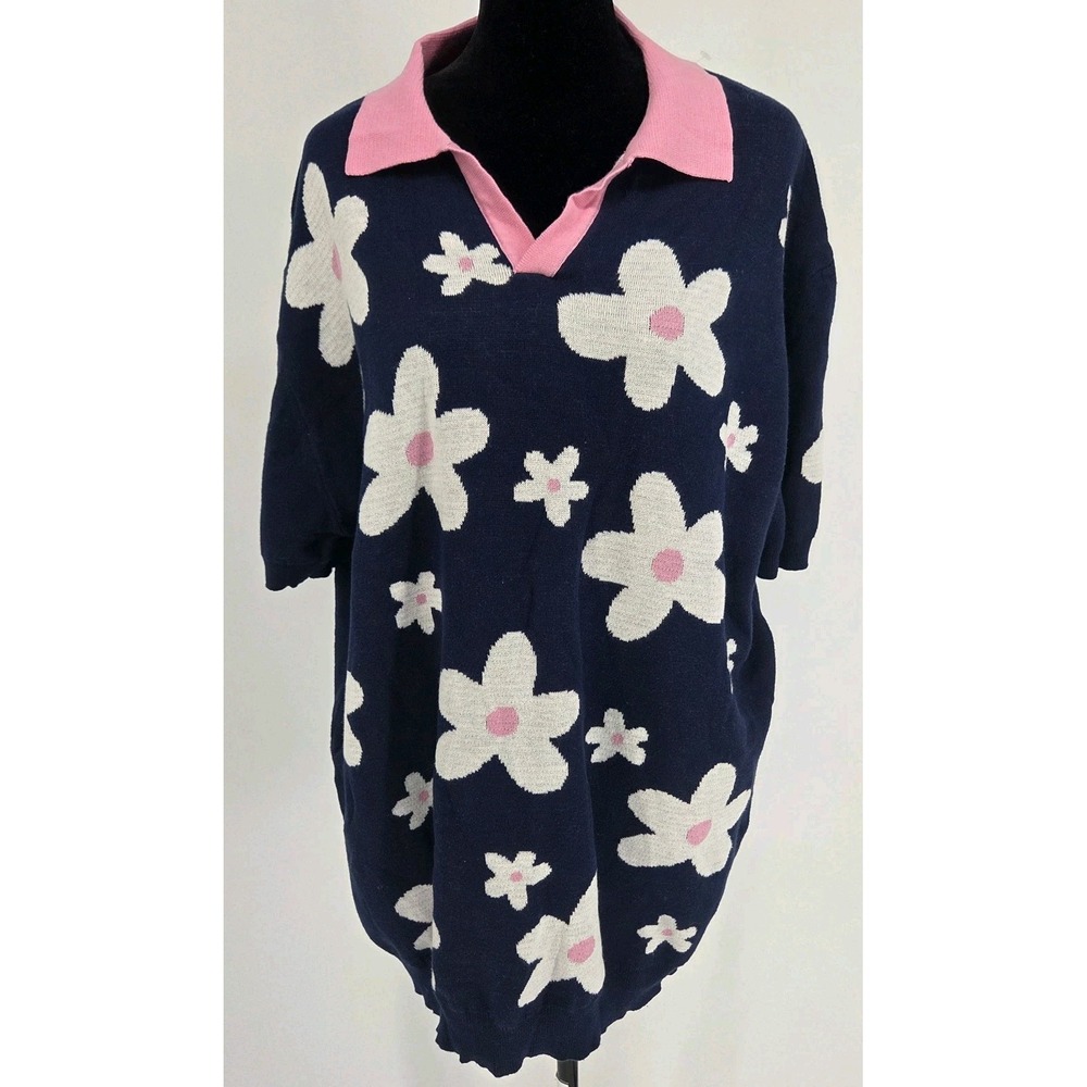 OXKNIT Retro 70s Style Knit Polo Shirt Men's 2XL Floral On Navy 100% Cotton NWT